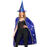 Close up of woman wearing blue wizard cape and hat costume for book week