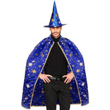 Man wearing fantasy wizard costume cape and hat for halloween