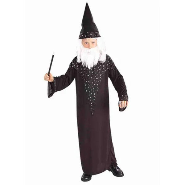 wizard costume for a child, black robe with star and moon panel on chest and sleeves, matching cone hat.