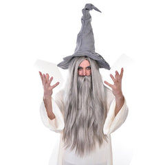 Long grey wizard wig and beard set with moustache for costume use