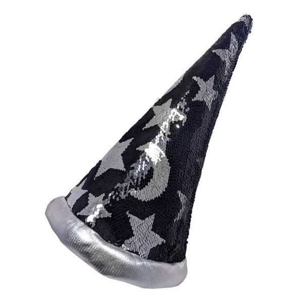 Wizard Hat w/Silver Stars, black sequin fabric with silver sequin stars and moon. adult size.