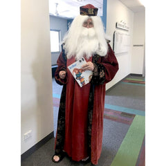 Wizard hire costume for men, heavily rust coloured gown , matching robe and hat with embossed gold trim on lapels, hat and cuffs. Floor length.