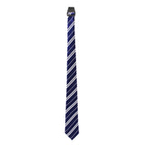 Navy blue tie with white stripes on a white background