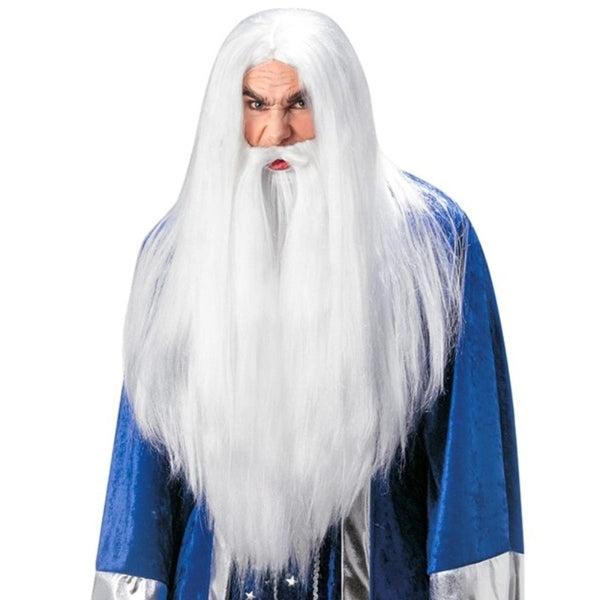 White wizard wig with maxi beard and moustache for fantasy costume