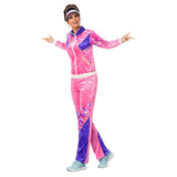 Womens 80s velvet tracksuit costume in pink and purple with matching jacket and pants