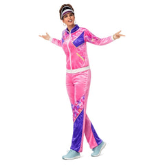 Womens 80s velvet tracksuit costume in pink and purple with matching jacket and pants