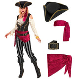Women's pirate costume pieces including shirt with vest, pants, sash, belt, headband and hat