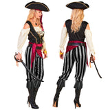 Side and back view of women's buccaneer pirate costume with striped pants and sash