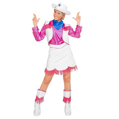 Women’s cowgirl costume with pink shirt, white skirt with fringing, vest, boot covers, and bandana