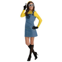 Womens minion dress to hire, a line pineafore look dress, short. Hire includes dress, gloves and glasses.