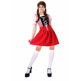 Women’s red Oktoberfest beer girl costume with checkered dress and white stockings