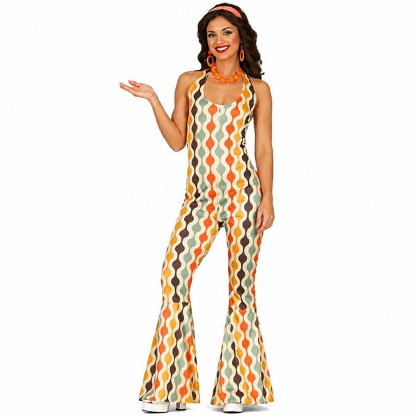 Womens retro disco jumpsuit costume with halter neck and flared pants