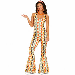 Womens retro disco jumpsuit costume with halter neck and flared pants