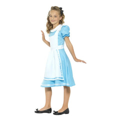 Wonder princess costume for girls, blue knee length dress, puffy sleeves, attached apron, white peter pan collar and headband.