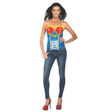 Front view of Wonder Woman corset with sweetheart neckline and emblem
