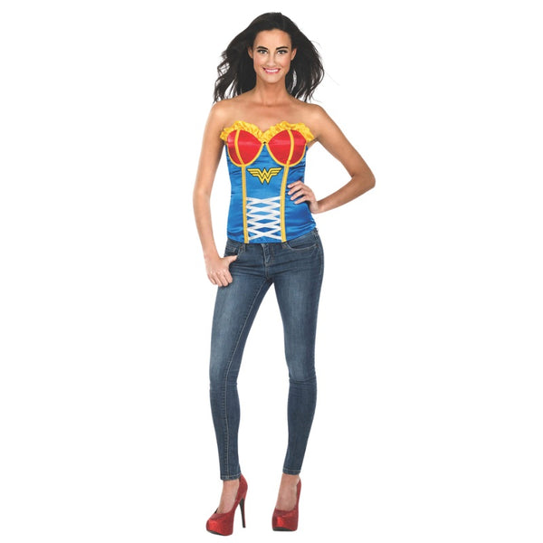 Front view of Wonder Woman corset with sweetheart neckline and emblem
