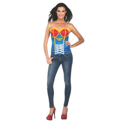 Front view of Wonder Woman corset with sweetheart neckline and emblem
