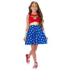 Wonder Woman Costume - Child, blue star print skirt, red bodice with WW insignia, silver gauntlets and gold headband.