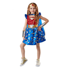 Child wearing an officially licensed Wonder Woman Premium costume with cape, tiara and gauntlets