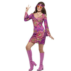 Womens Woodstock hippie costume featuring colourful flower power dress and matching headband