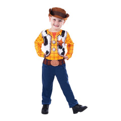 Child wearing Woody Toy Story costume with cowboy jumpsuit and hat