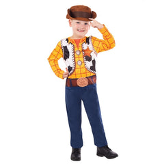 Child wearing Woody Toy Story costume with cowboy jumpsuit and hat