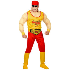 Wrestling Champ adult costume with muscle shirt, pants, belt, boot covers and bandana