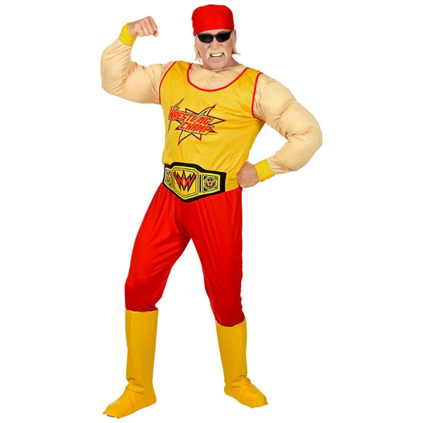 Wrestling Champ adult costume with muscle shirt, pants, belt, boot covers and bandana