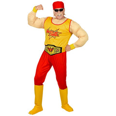 Wrestling Champ adult costume with muscle shirt, pants, belt, boot covers and bandana
