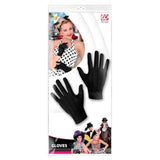 Black gloves on a white packaging with a model wearing them and other people in the background.