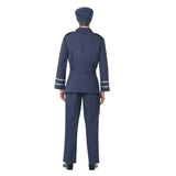 WW2 Air Force Captain navy costume, with silver trim on sleeves and wings on cap and sleeves and chest. Jacket, pants, hat and tie