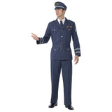 WW2 Air Force Captain navy costume, with silver trim on sleeves and wings on cap and sleeves and chest. Jacket, pants, hat and tie