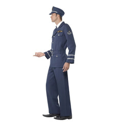 WW2 Air Force Captain costume in blue with jacket, trousers, hat, and tie for military fancy dress events