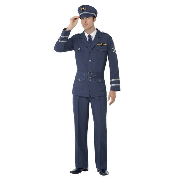WW2 Air Force Captain costume in blue with jacket, trousers, hat, and tie for military fancy dress events