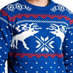 Man wearing blue Christmas reindeer jumper with festive Nordic knit pattern