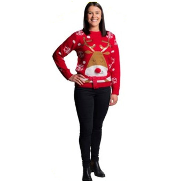 Xmas reindeer lady jumper, knitted red jumper with reindeer fane and antlers on front with snowflakes.