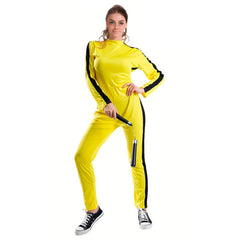yellow assassin jumpsuit costume with black side stripe 2000s action style