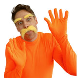 Yellow moustache and eyebrows costume accessory close up view