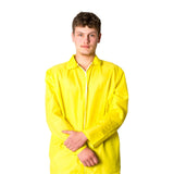 Close-up of adult yellow overalls costume showing bright yellow jumpsuit design