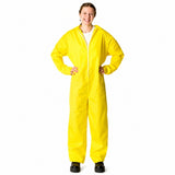 Person wearing a yellow coverall on a white background