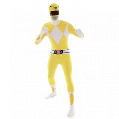 Yellow power rangers adult bodysuit with attached hands and feet, the ultimate superhero costume
