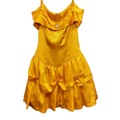 Yellow princess costume with satin off-shoulder dress and tiara for hire Brisbane