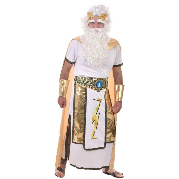 Zeus Adult Costume - Dr Toms, short sleeve long robe, gold cape and accents perfect for Greek Gods and Olympics parties