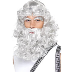 Zeus costume set featuring a light grey/silver curly wig with shoulder-length hair, a matching curly beard, and eyebrows for a powerful mythological god look.