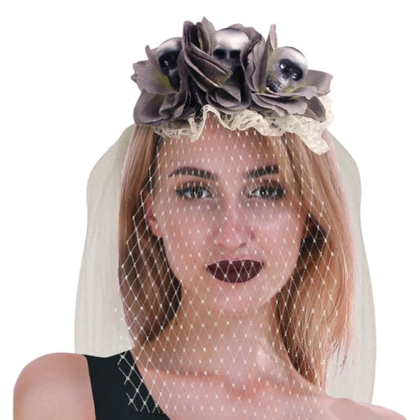 Zombie Bride Headband with grey roses, skulls, and attached veil – Halloween and Day of the Dead costume accessory