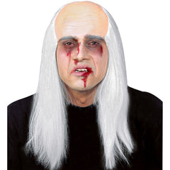 Zombie headpiece with bald forehead and long white hair for horror Halloween costumes