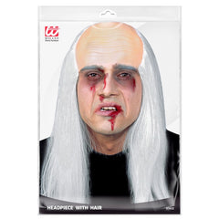 Zombie headpiece with bald forehead and long white hair for horror Halloween costumes