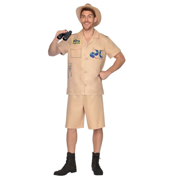 Zoo Keeper Men's Costume in beige, shorts, short sleeve with images of snake, keys and zoo keeper on top.