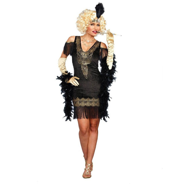 Swanky Flapper Ladies costume with old gold lace detail at neckline and hemline. Fringing at hemline and as a cap sleeve.