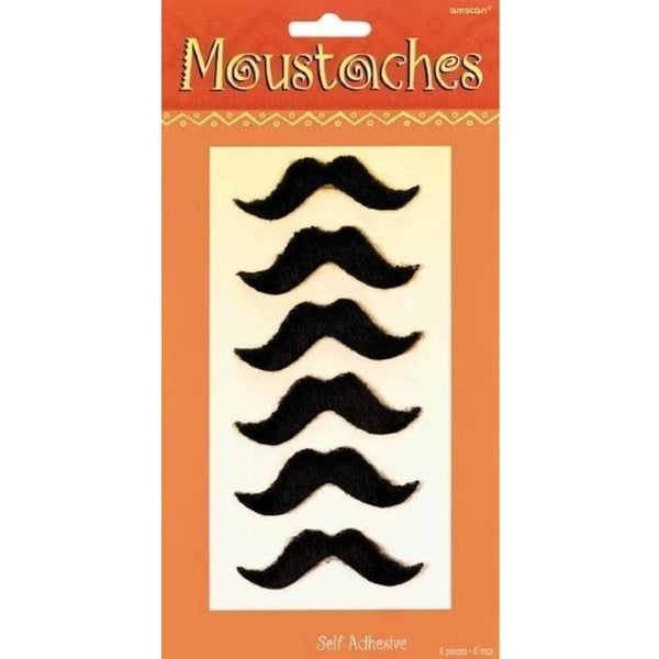 Mini Black Fiesta Moustaches - Pack of 6.